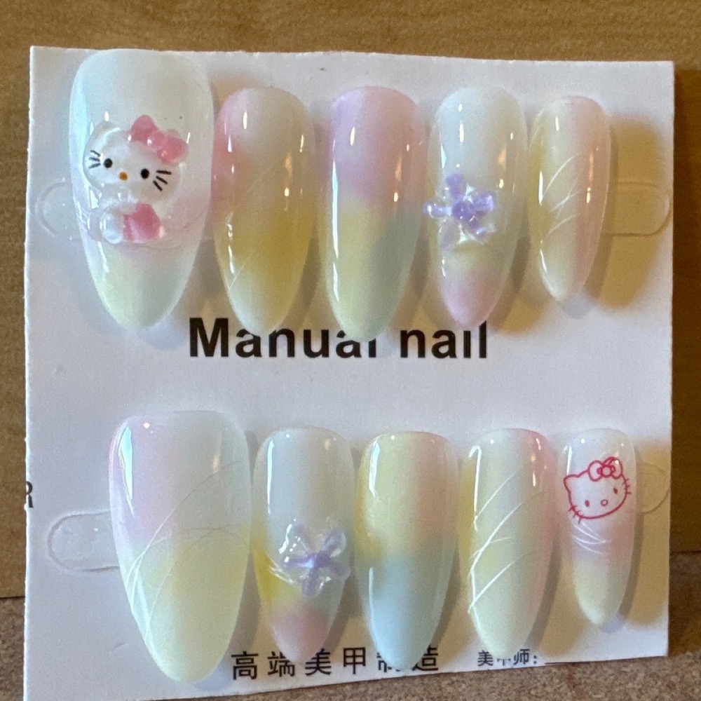 Pastel Almond Press On Nails Cute Character 3D Flower Gradient Glossy Faux Nails